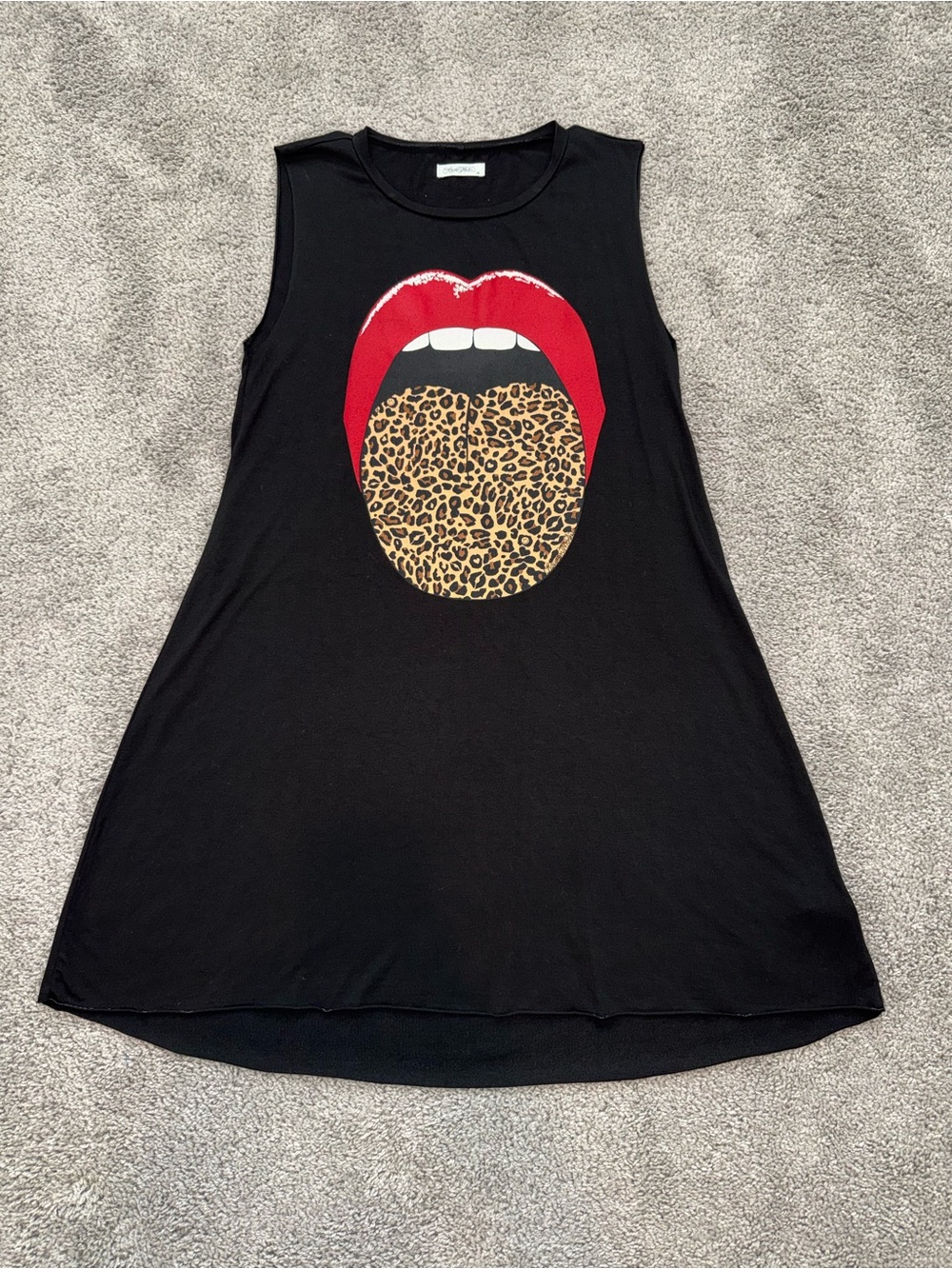 Black Sleeveless Graphic Tunic with Red Lips and Leopard Tongue